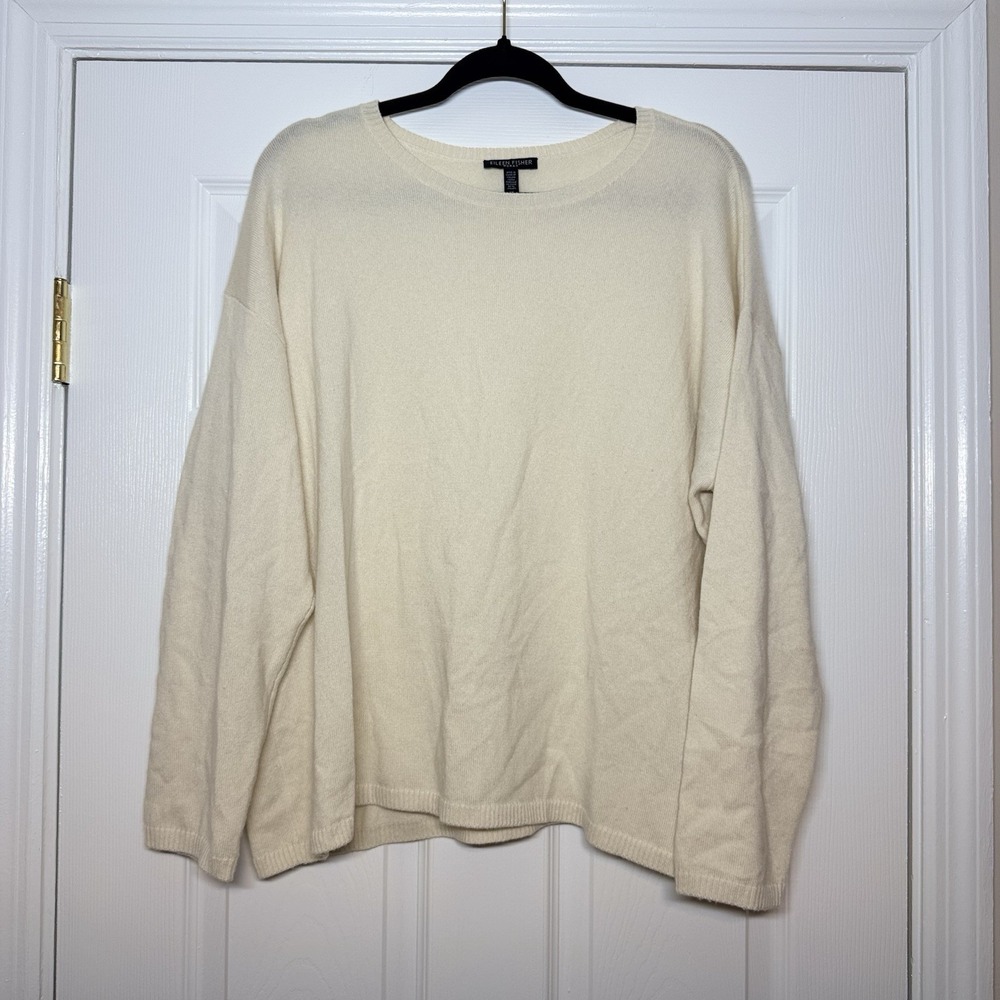 Eileen Fisher Women's 1x Relaxed Knit Sweate Ivory 100% Cashmere Quiet Luxury